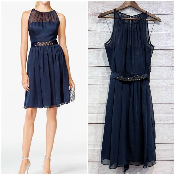 Adrianna Papell Navy Halter Dress Chiffon Belted Midi Evening Wedding Size 16 - Picture 1 of 12